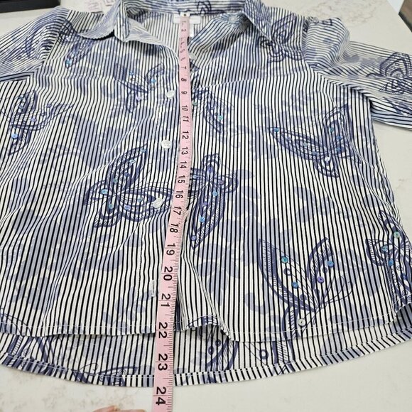Alfred Dunner Button-Down Blue Sequin Striped Butterfly Poplin Shirt Size 10 - Picture 7 of 7